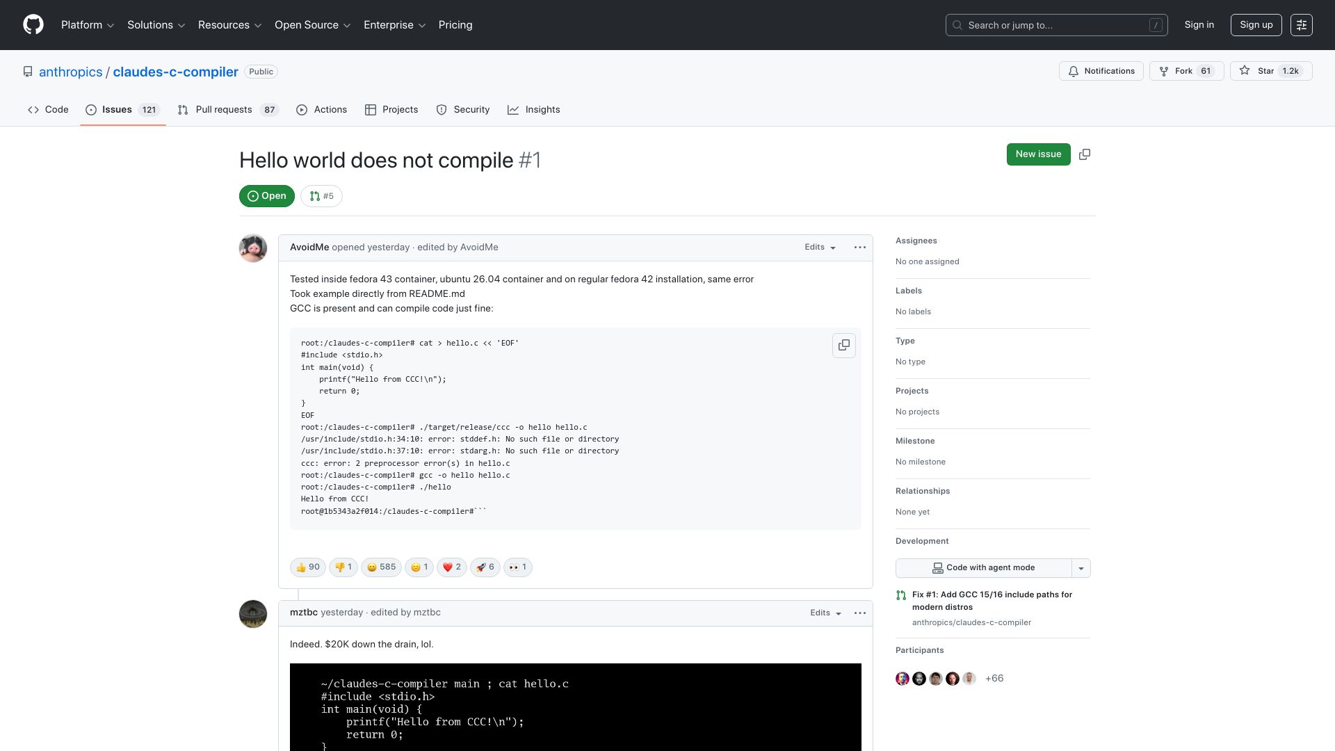 Screenshot of github.com: Hello world does not compile