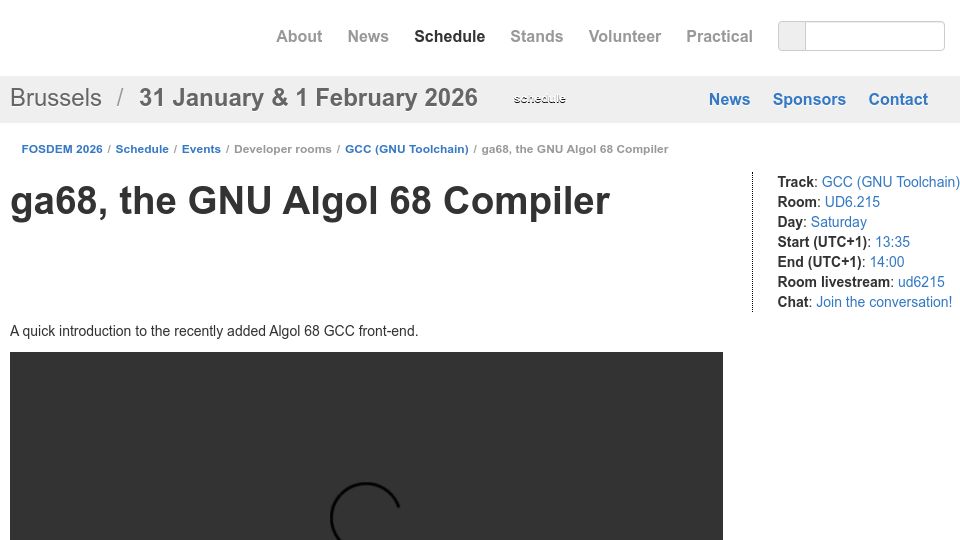 Screenshot of fosdem.org: Ga68, a GNU Algol 68 Compiler