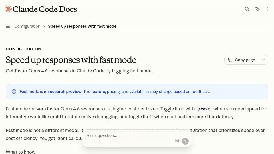 Screenshot of code.claude.com: Speed up responses with fast mode