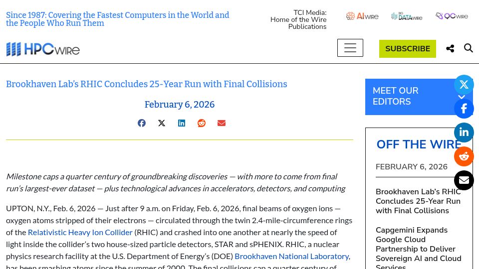 Screenshot of hpcwire.com: Brookhaven Lab's RHIC concludes 25-year run with final collisions