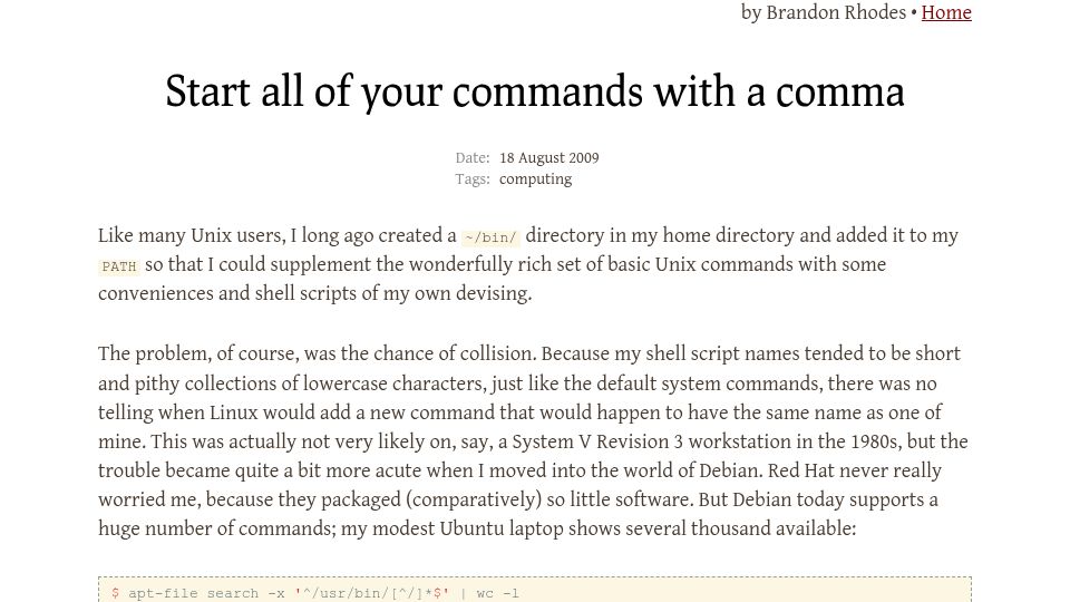 Screenshot of rhodesmill.org: Start all of your commands with a comma (2009)
