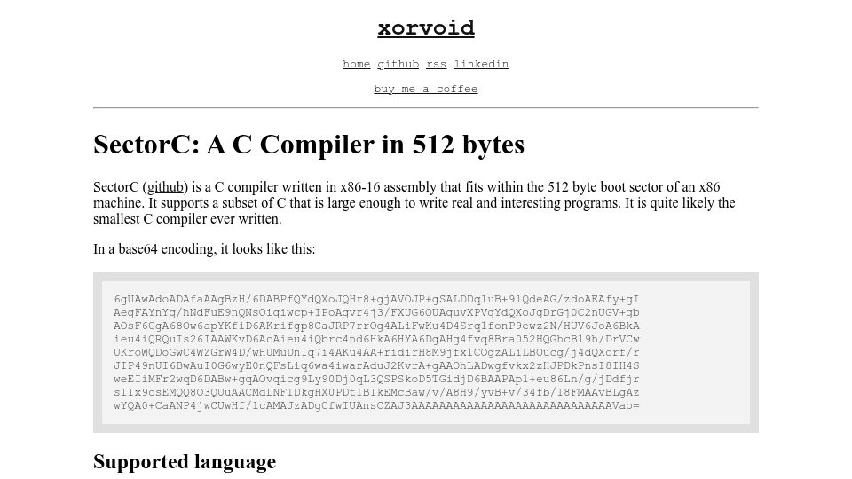 Screenshot of xorvoid.com: SectorC: A C Compiler in 512 bytes (2023)