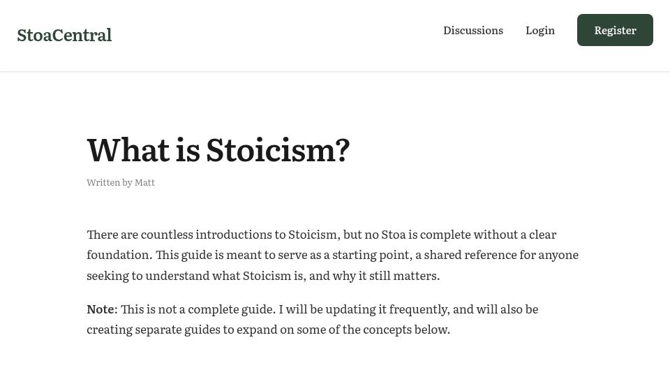 Screenshot of stoacentral.com: What Is Stoicism?