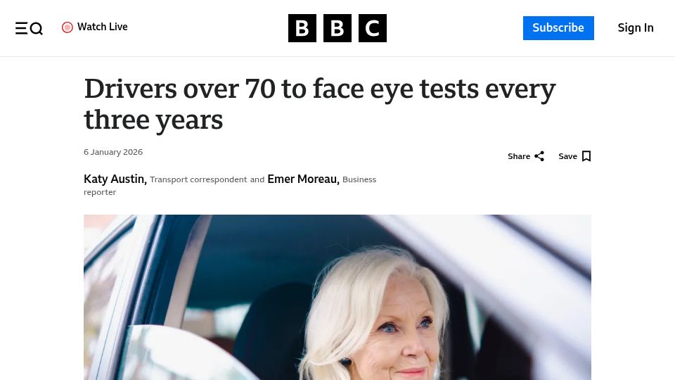 Screenshot of bbc.com: British drivers over 70 to face eye tests every three years