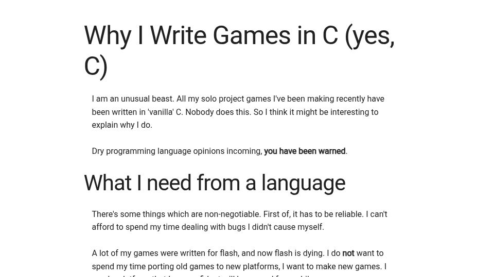 Screenshot of jonathanwhiting.com: I write games in C (yes, C) (2016)
