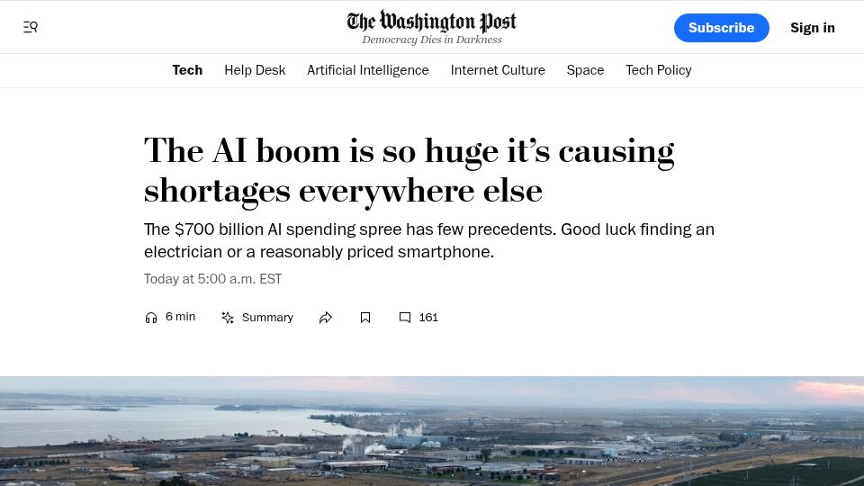 Screenshot of washingtonpost.com: The AI boom is causing shortages everywhere else