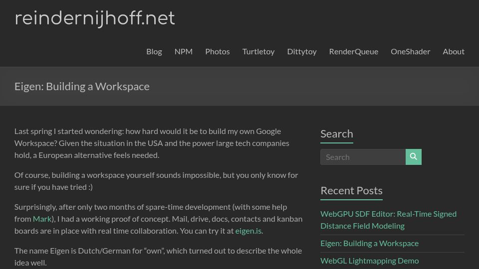 Screenshot of reindernijhoff.net: Eigen: Building a Workspace