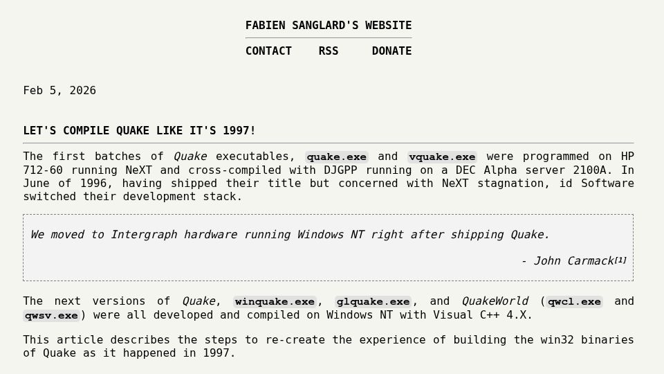 Screenshot of fabiensanglard.net: Let's compile Quake like it's 1997