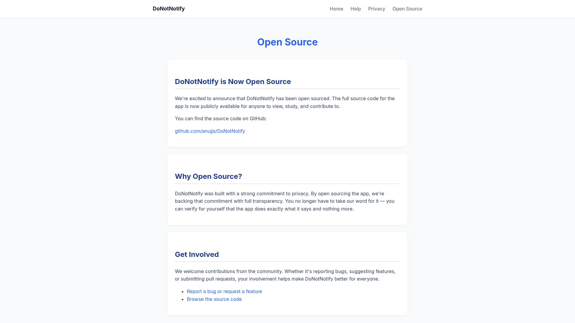 Screenshot of donotnotify.com: DoNotNotify is now Open Source
