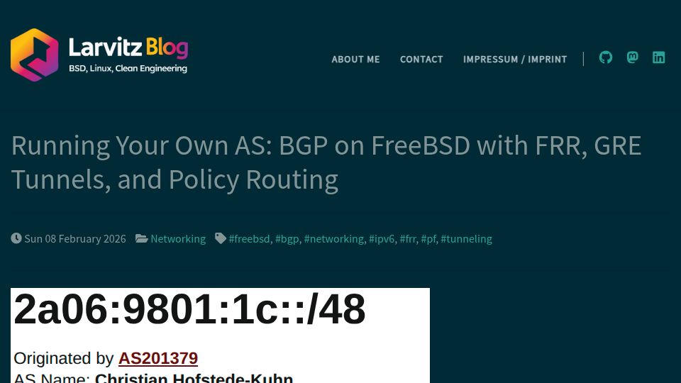 Screenshot of blog.hofstede.it: Running Your Own As: BGP on FreeBSD with FRR, GRE Tunnels, and Policy Routing