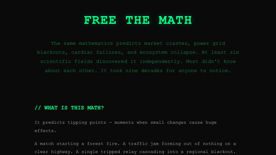 Screenshot of freethemath.org: Five disciplines discovered the same math independently