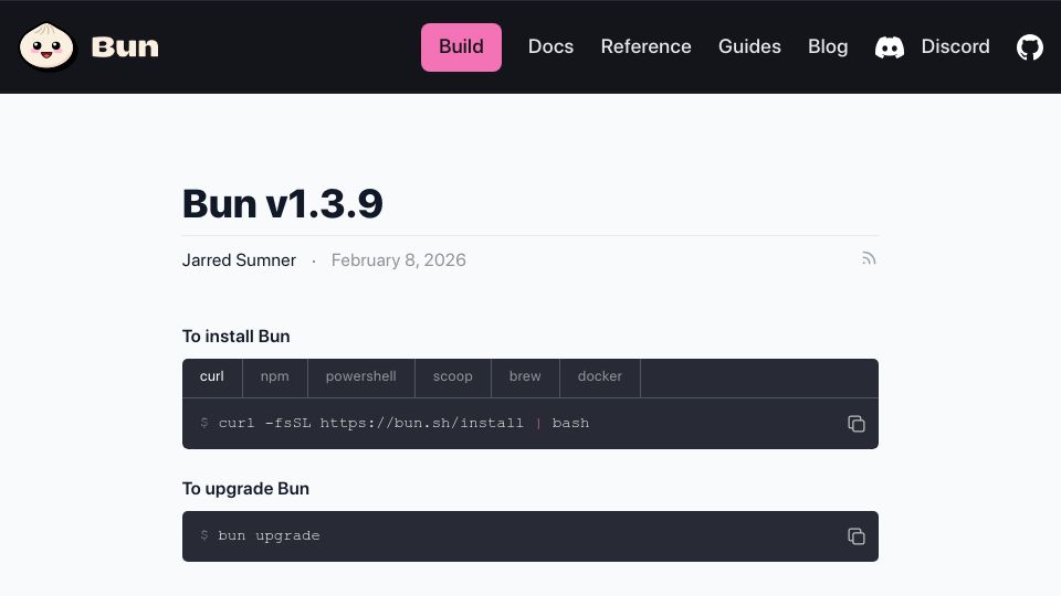 Screenshot of bun.com: Bun v1.3.9