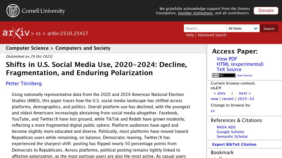 Screenshot of arxiv.org: Shifts in U.S. Social Media Use, 2020–2024: Decline, Fragmentation, Polarization (2025)