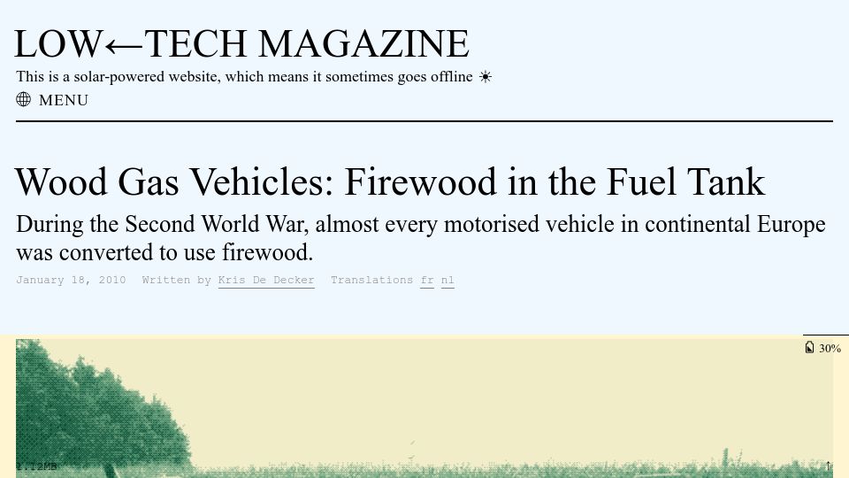 Screenshot of solar.lowtechmagazine.com: Wood Gas Vehicles: Firewood in the Fuel Tank (2010)