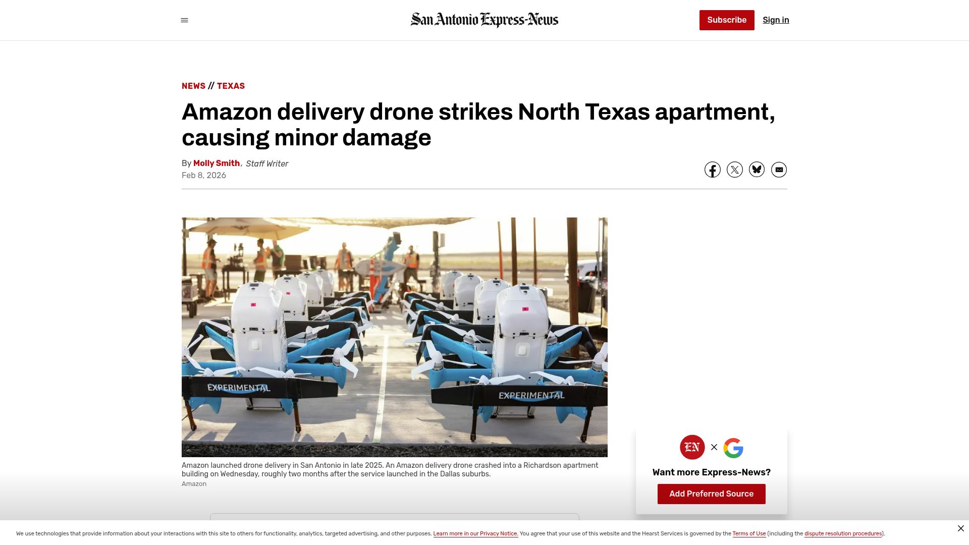 Screenshot of expressnews.com: Amazon delivery drone strikes North Texas apartment, causing minor damage