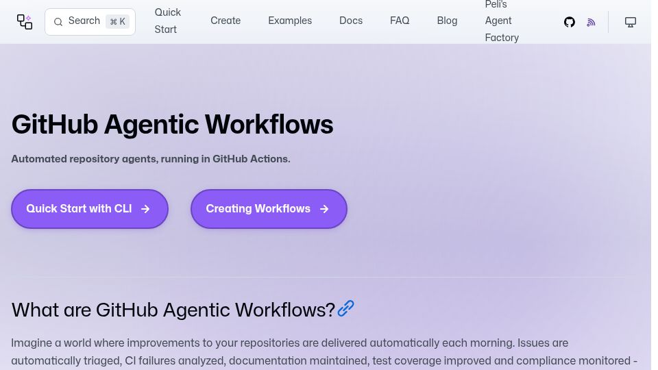 Screenshot of github.github.io: GitHub Agentic Workflows
