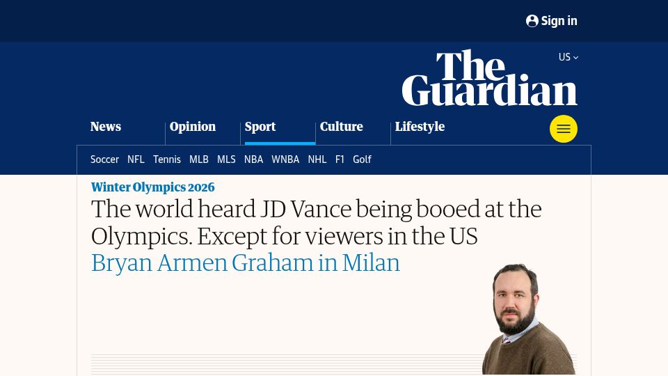 Screenshot of theguardian.com: The world heard JD Vance being booed at the Olympics. Except for viewers in USA
