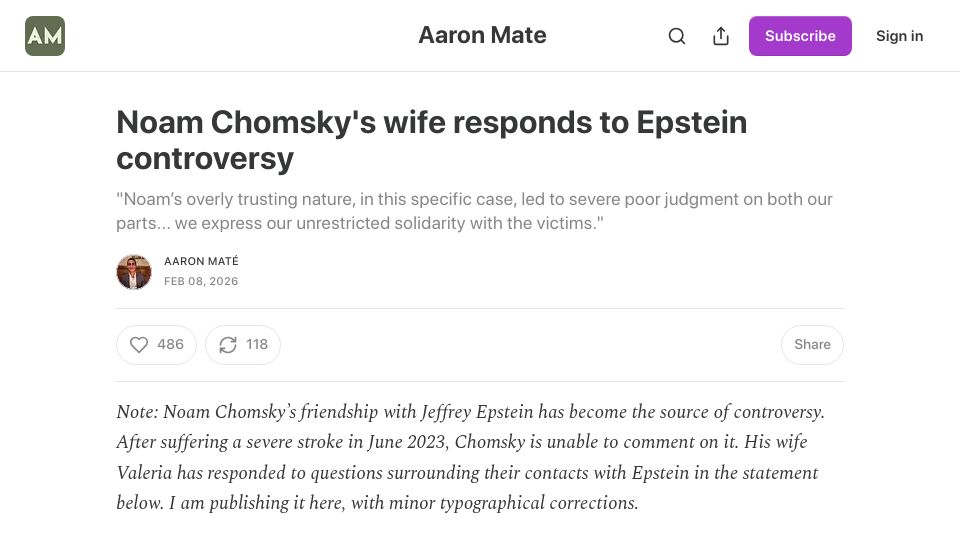 Screenshot of aaronmate.net: Noam Chomsky's wife responds to Epstein controversy