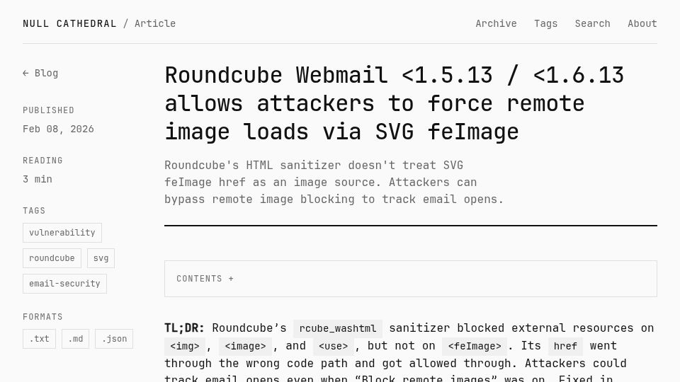 Screenshot of nullcathedral.com: Roundcube Webmail: SVG feImage bypasses image blocking to track email opens