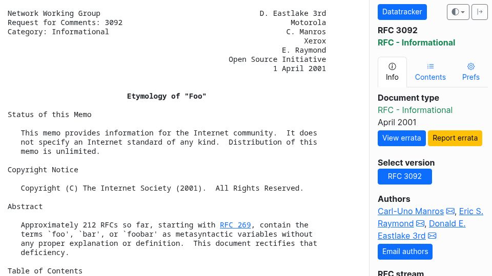 Screenshot of datatracker.ietf.org: RFC 3092 – Etymology of “Foo” (2001)