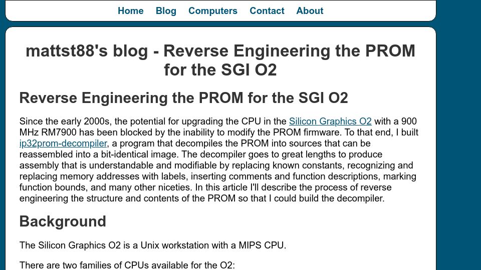 Screenshot of mattst88.com: Reverse Engineering the Prom for the SGI O2