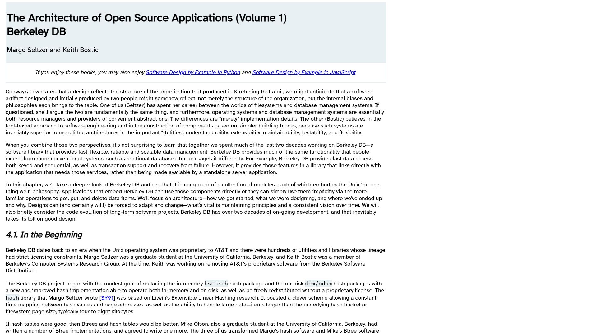 Screenshot of aosabook.org: The Architecture of Open Source Applications (Volume 1) Berkeley DB