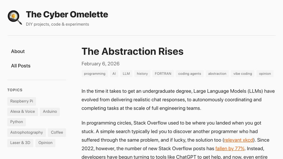 Screenshot of cyber-omelette.com: The Abstraction Rises