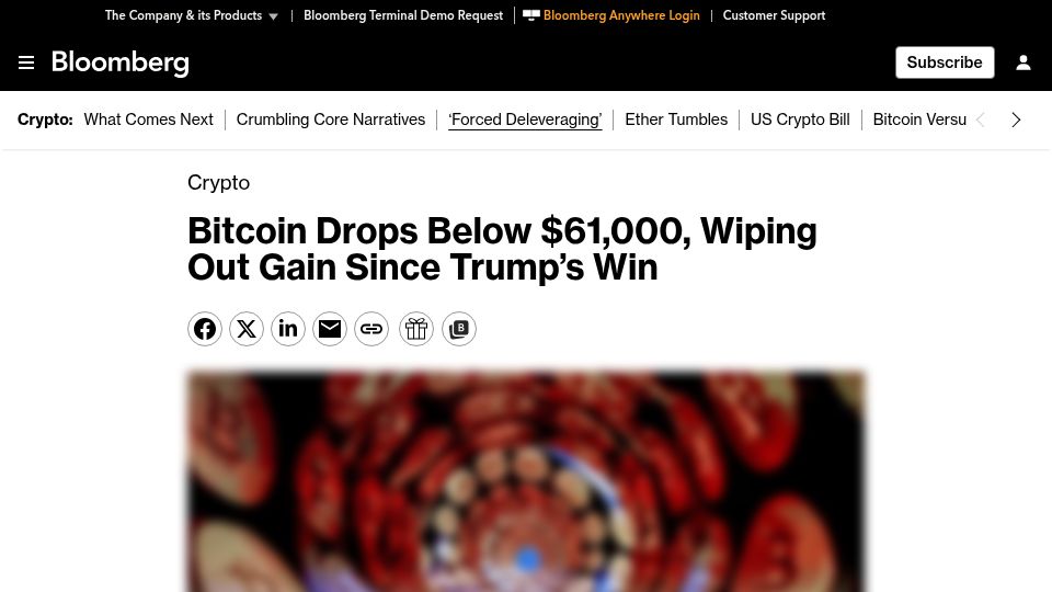 Screenshot of bloomberg.com: Bitcoin tumbles below $70K, heavy losses in cryptocurrencies in last three weeks
