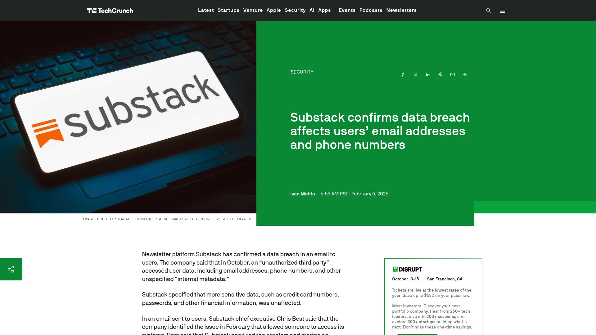 Screenshot of techcrunch.com: Substack confirms data breach affects users’ email addresses and phone numbers