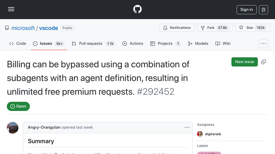 Screenshot of github.com: Billing can be bypassed using a combo of subagents with an agent definition
