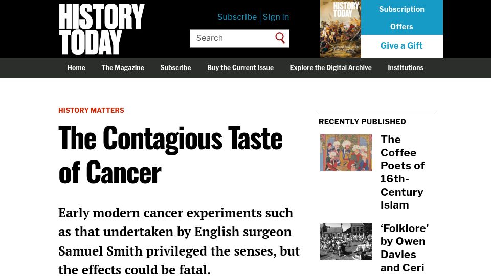 Screenshot of historytoday.com: The Contagious Taste of Cancer