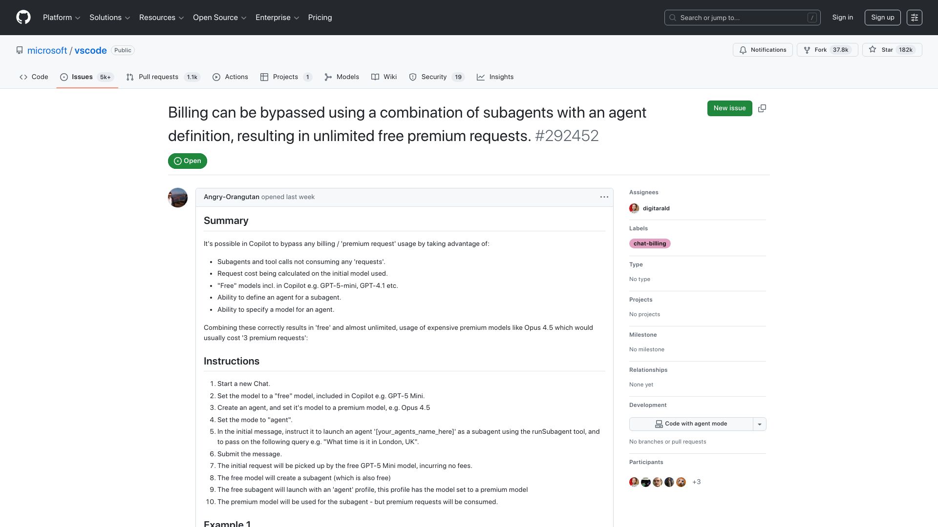 Screenshot of github.com: Billing can be bypassed using a combo of subagents with an agent definition