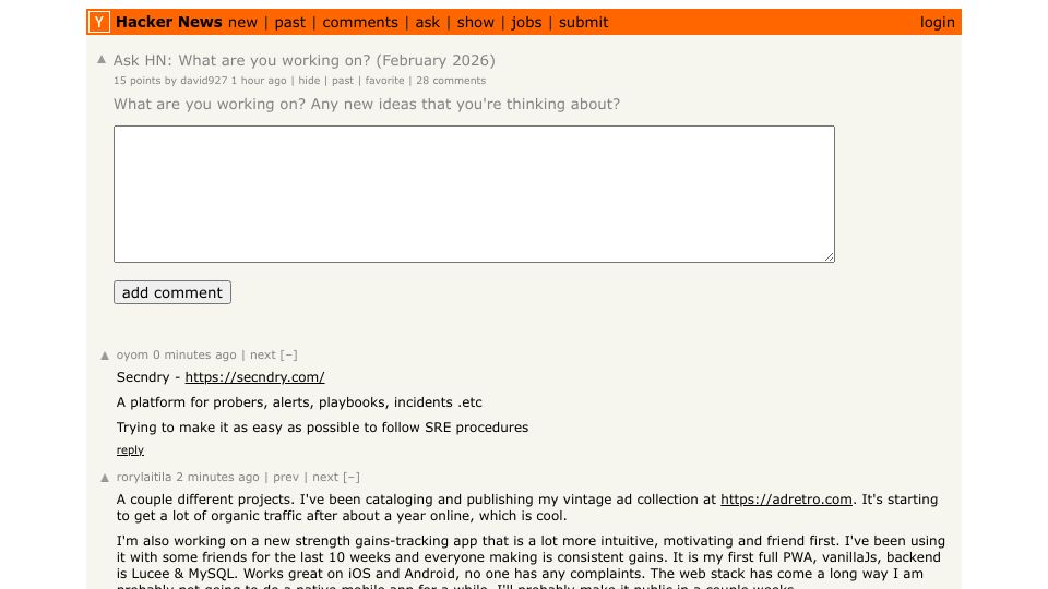 Screenshot of Hacker News post: Ask HN: What are you working on? (February 2026)