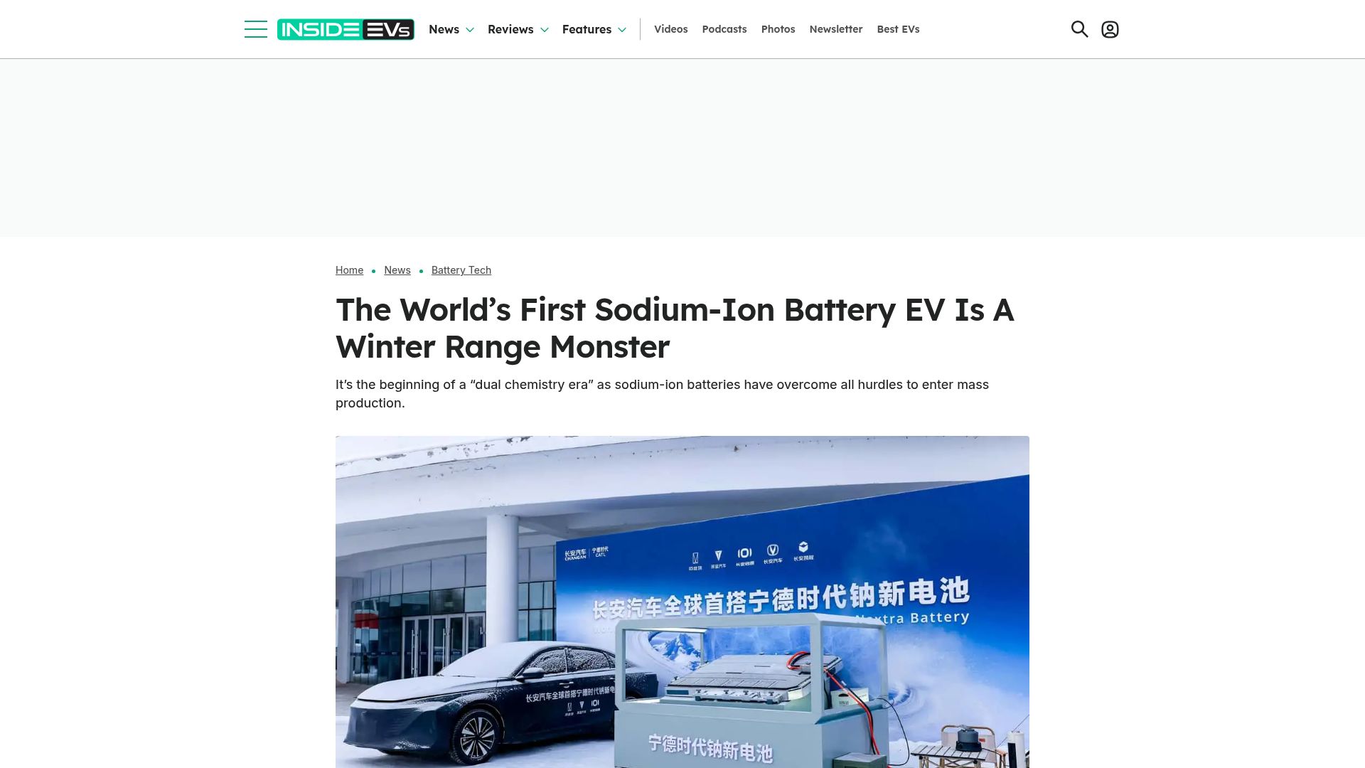 Screenshot of insideevs.com: The first sodium-ion battery EV is a winter range monster