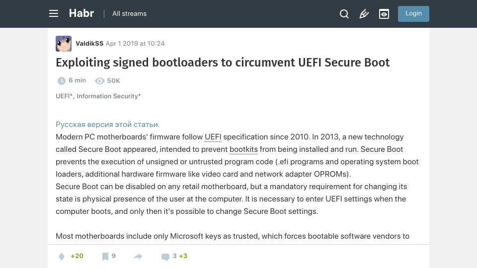 Screenshot of habr.com: Exploiting signed bootloaders to circumvent UEFI Secure Boot (2019)