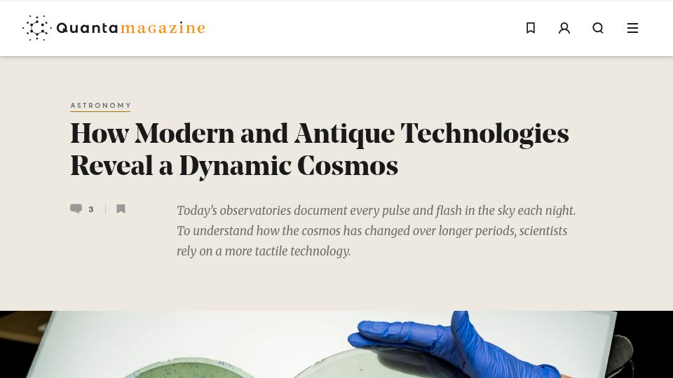 Screenshot of quantamagazine.org: Modern and Antique Technologies Reveal a Dynamic Cosmos