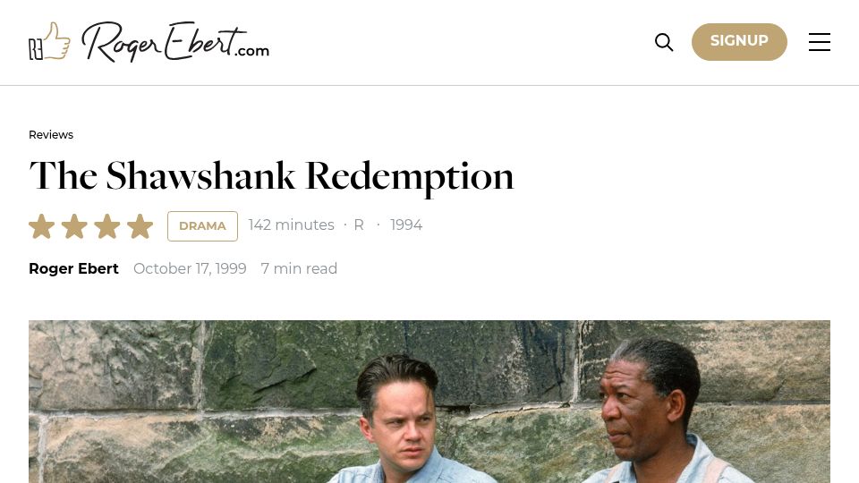 Screenshot of rogerebert.com: Roger Ebert Reviews "The Shawshank Redemption" (1999)
