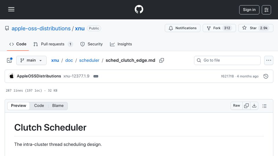 Screenshot of github.com: Apple XNU: Clutch Scheduler