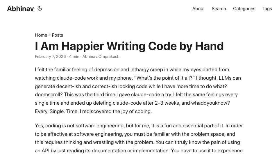 Screenshot of abhinavomprakash.com: I am happier writing code by hand
