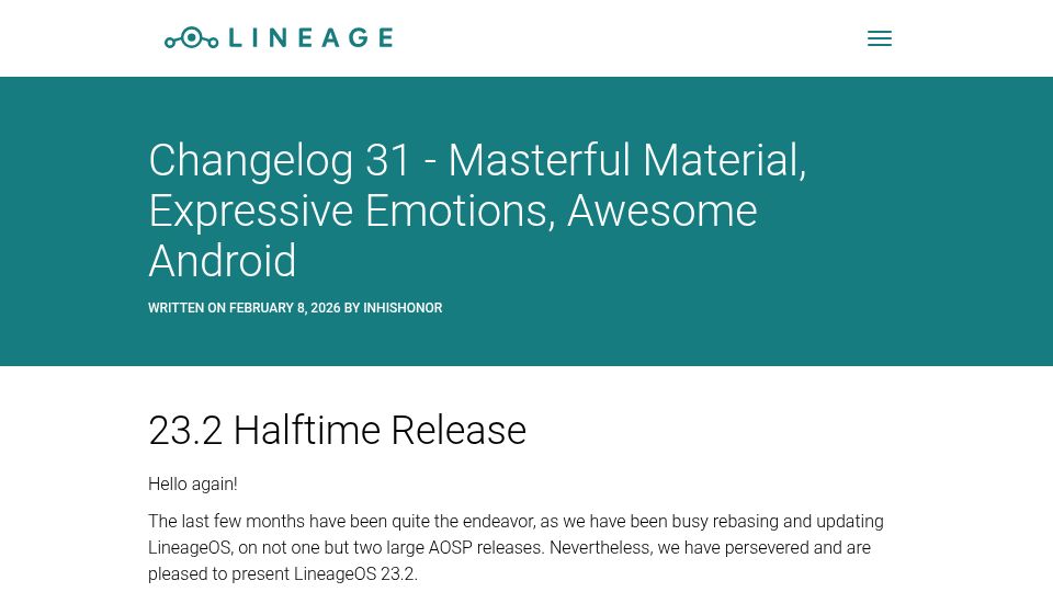 Screenshot of lineageos.org: LineageOS 23.2