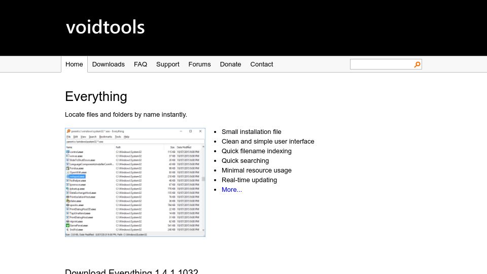 Screenshot of voidtools.com: Everything – Locate files and folders by name instantly