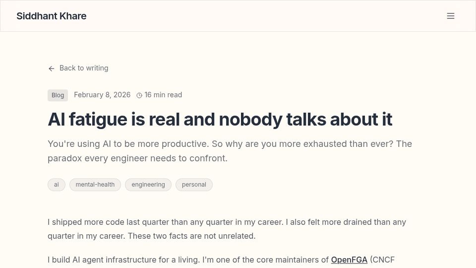 Screenshot of siddhantkhare.com: AI fatigue Is real and nobody talks about it