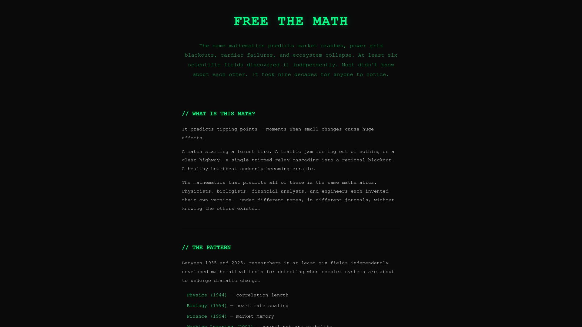 Screenshot of freethemath.org: Five disciplines discovered the same math independently