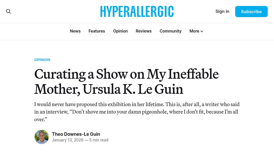 Screenshot of hyperallergic.com: Curating a Show on My Ineffable Mother, Ursula K. Le Guin