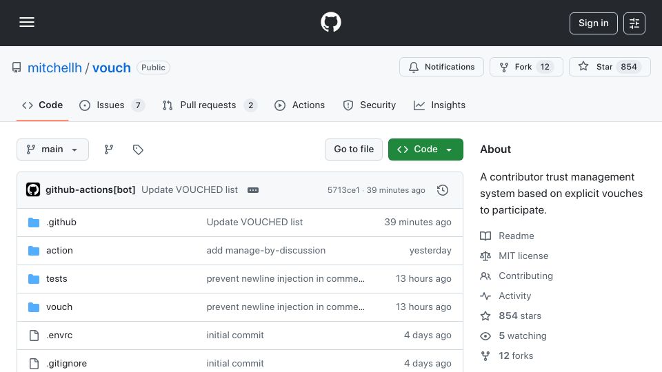 Screenshot of github.com: Vouch