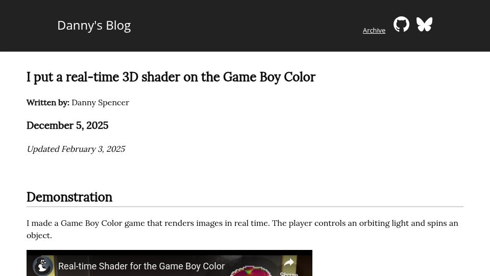 Screenshot of blog.otterstack.com: I put a real-time 3D shader on the Game Boy Color