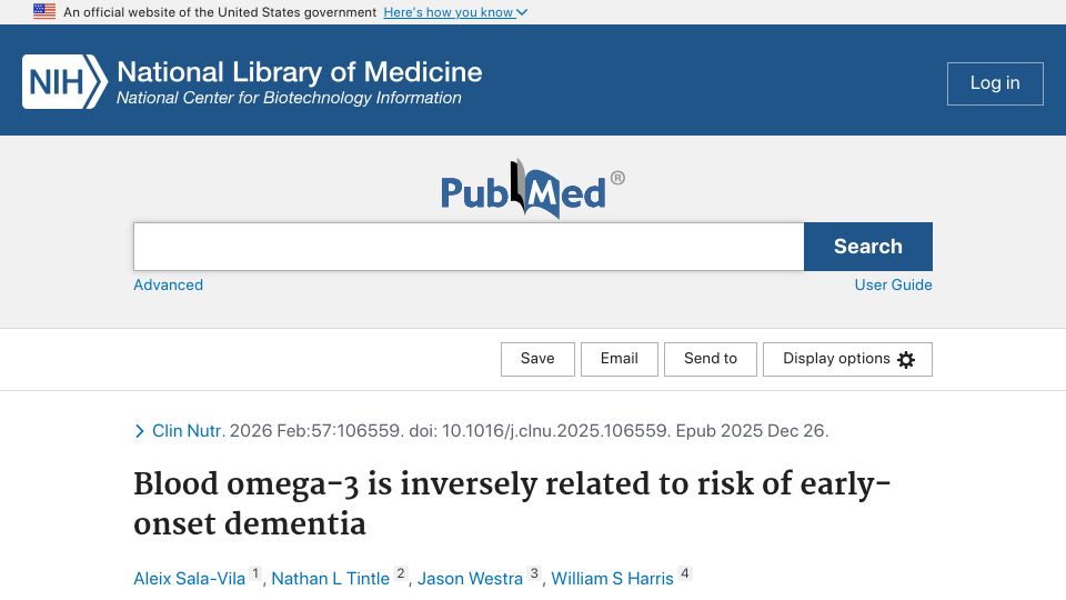 Screenshot of pubmed.ncbi.nlm.nih.gov: Omega-3 is inversely related to risk of early-onset dementia