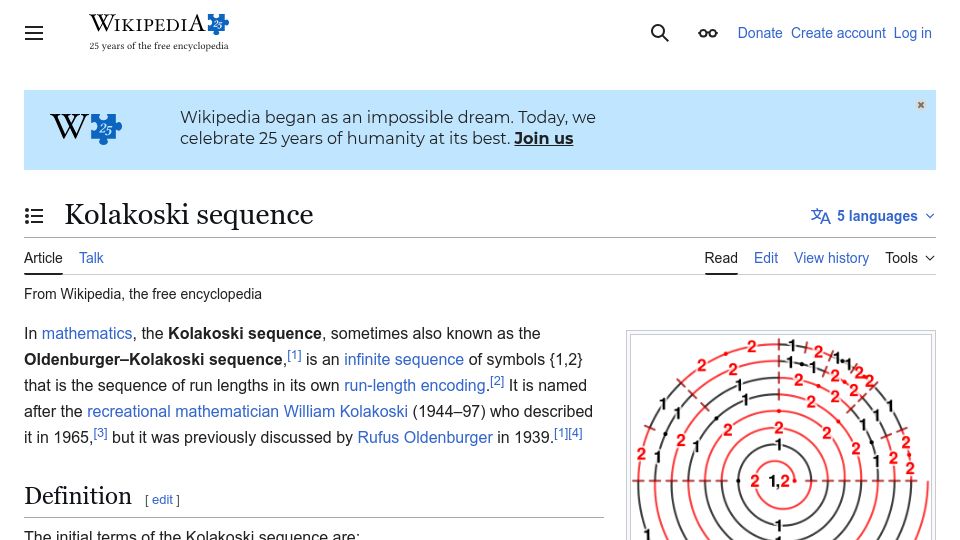 Screenshot of en.wikipedia.org: Kolakoski Sequence