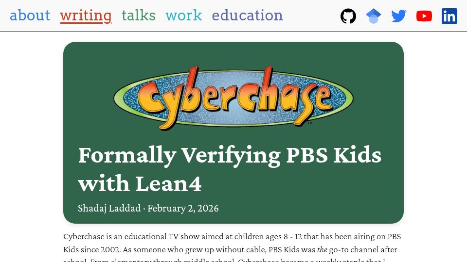 Screenshot of shadaj.me: Formally Verifying PBS Kids with Lean4