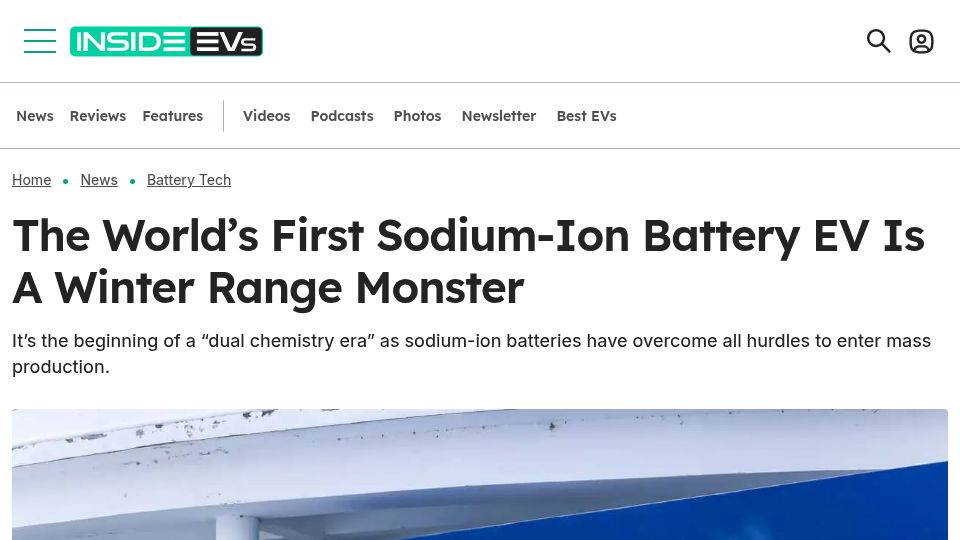 Screenshot of insideevs.com: The first sodium-ion battery EV is a winter range monster
